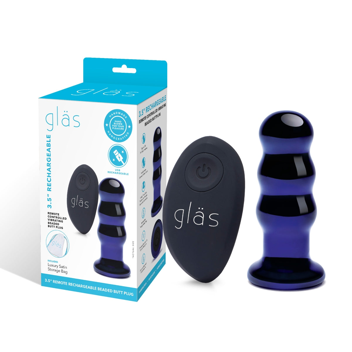 Glas Rechargeable Remote Controlled Vibrating Beaded Butt Plug Blue (3.5")
